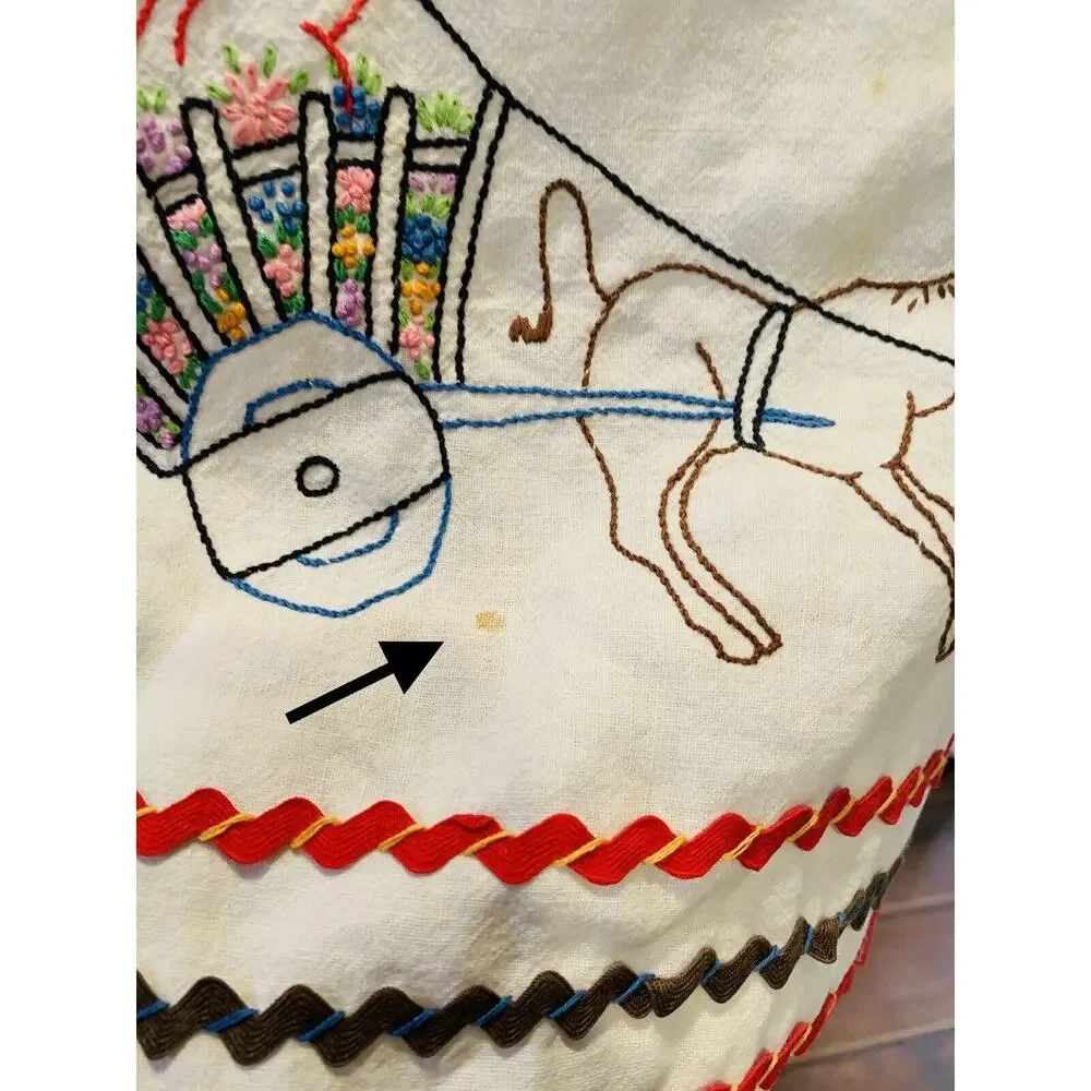 Vintage Apron Women White Yellow Waist Hand Embroidery Handmade Cotton Donkey